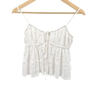 American Eagle White Embroidered Eyelet Tie Front Peasant Crop Top XS‎ Babydoll